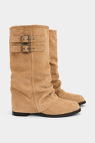 Buckled slouch knee-high biker boots for women