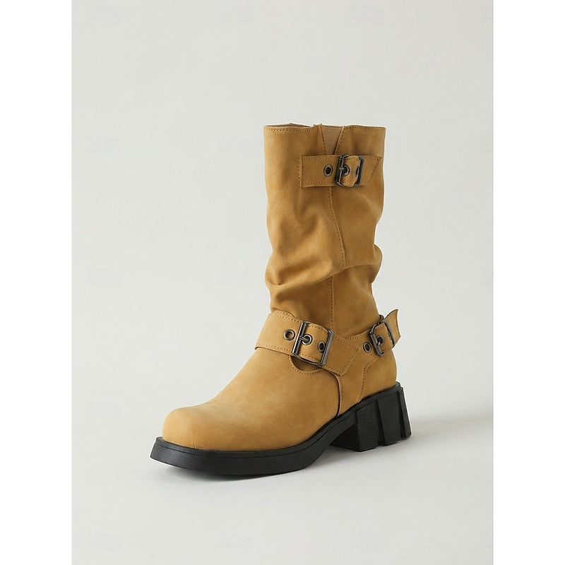 Buckled mid-calf slouch boots for women