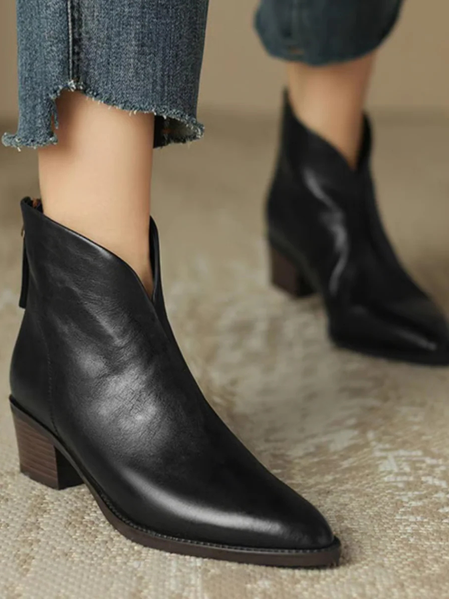 Pointed toe V-cut ankle boots with block heel for women