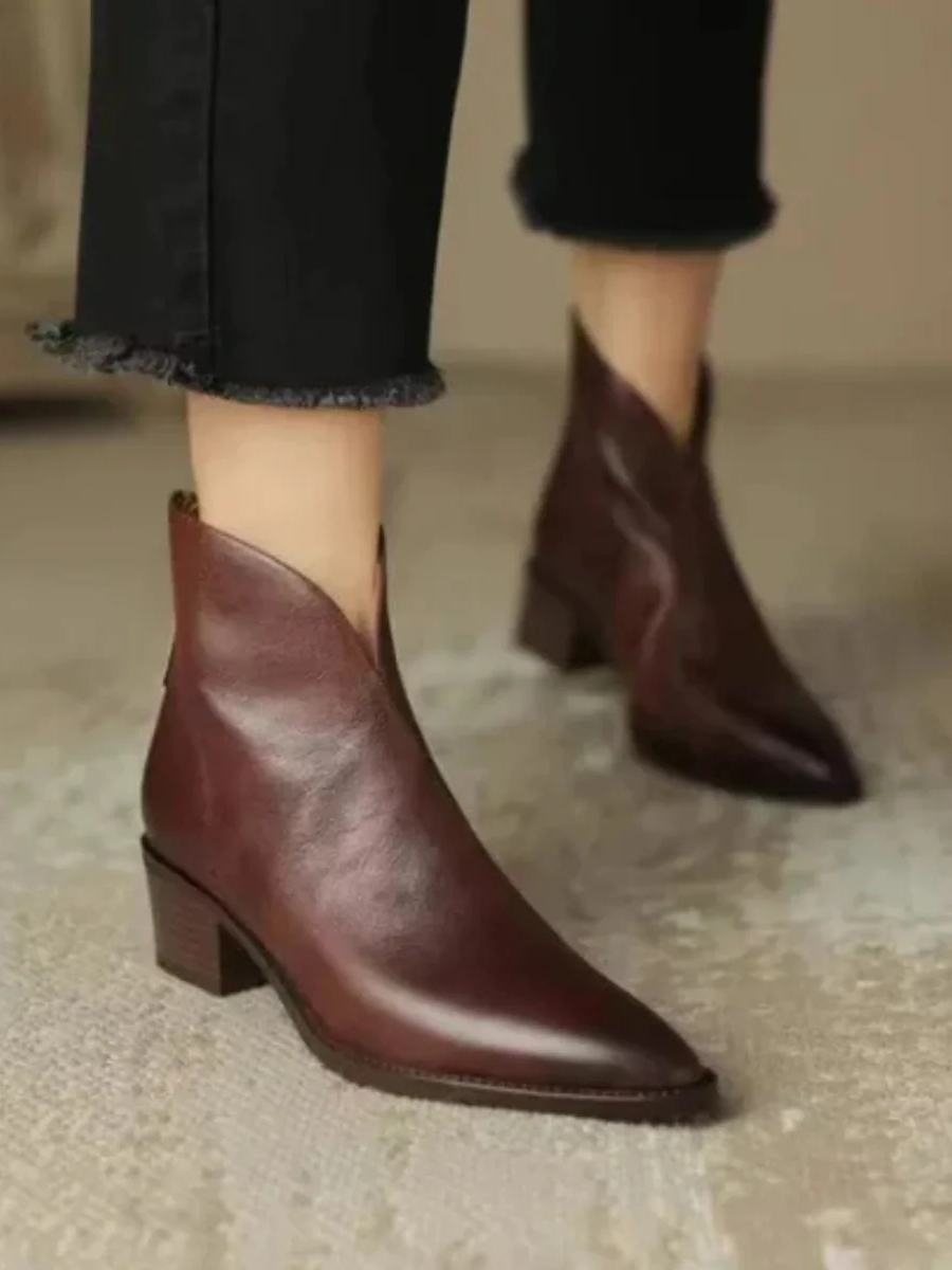Pointed toe V-cut ankle boots with block heel for women