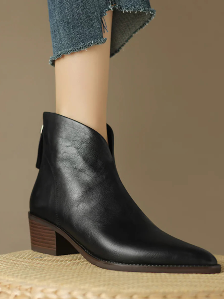 Pointed toe V-cut ankle boots with block heel for women
