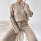 Ribbed mock-neck knit pant set in khaki for women