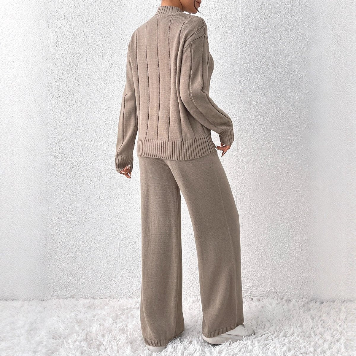 Ribbed mock-neck knit pant set in khaki for women