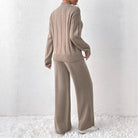 Ribbed mock-neck knit pant set in khaki for women