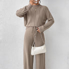 Ribbed mock-neck knit pant set in khaki for women