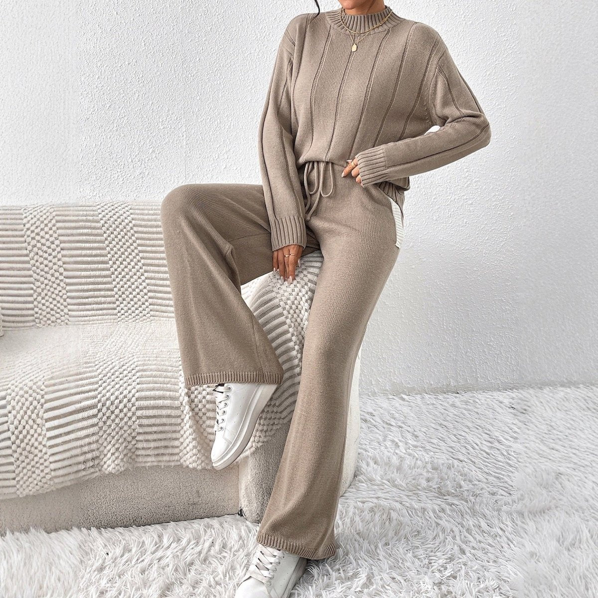 Ribbed mock-neck knit pant set in khaki for women