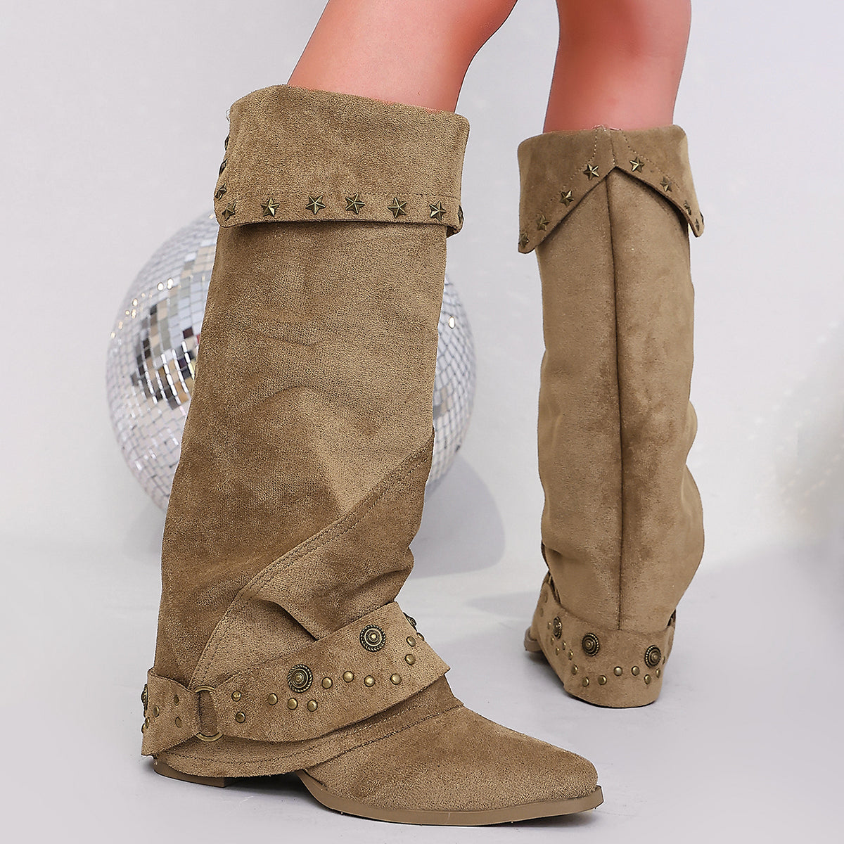 Fold-over slouch buckle boots for women
