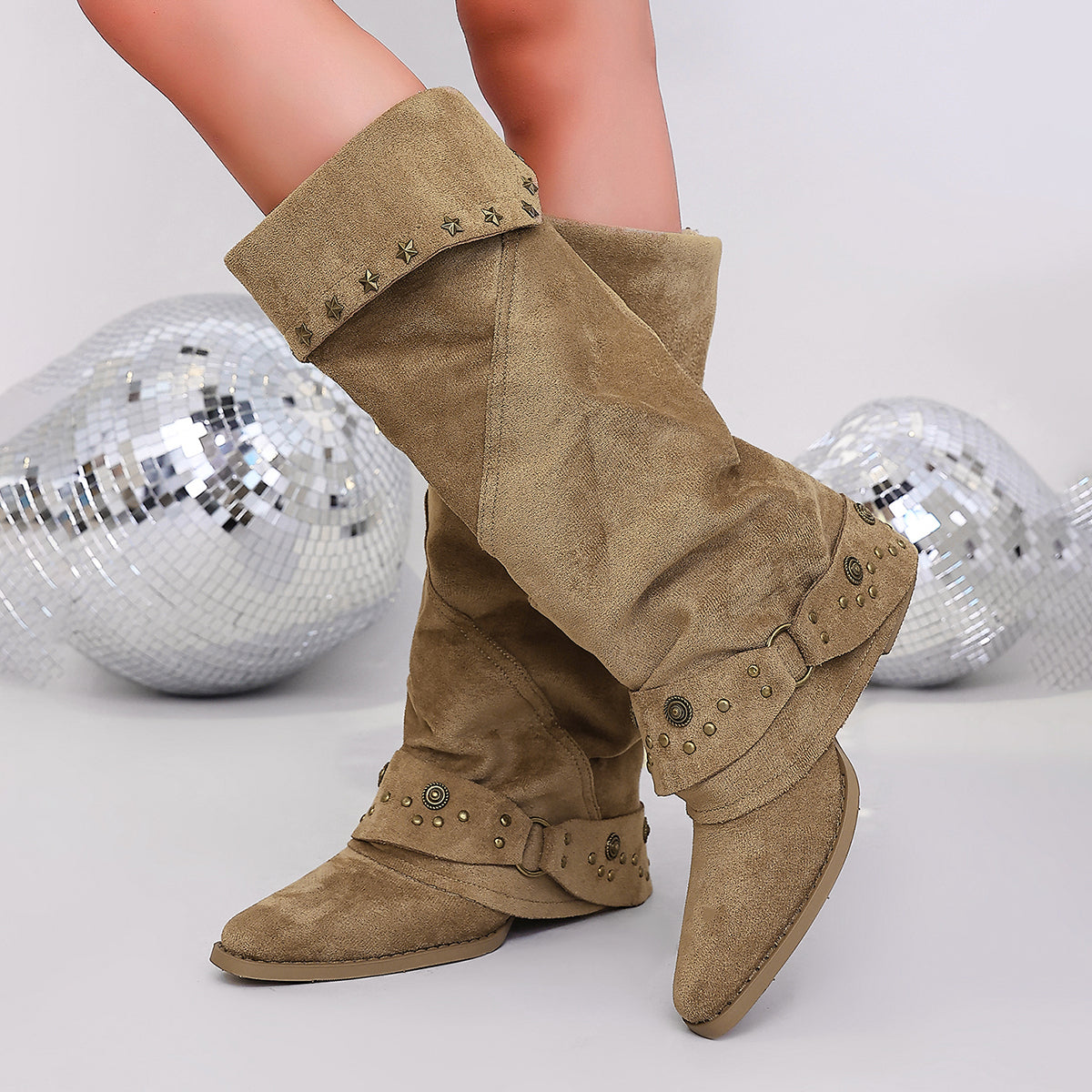 Fold-over slouch buckle boots for women