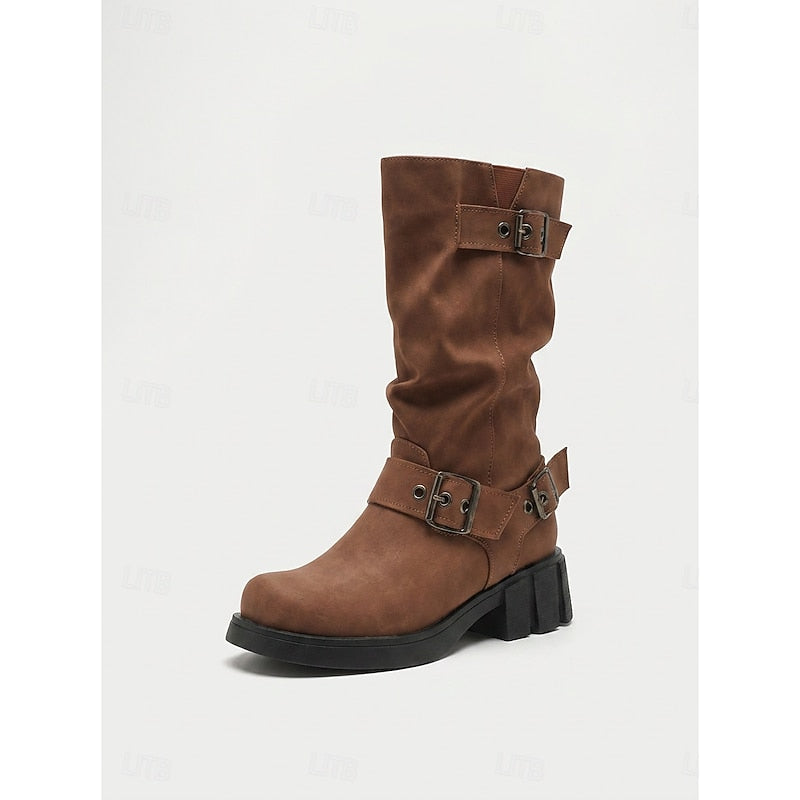 Buckled mid-calf slouch boots for women