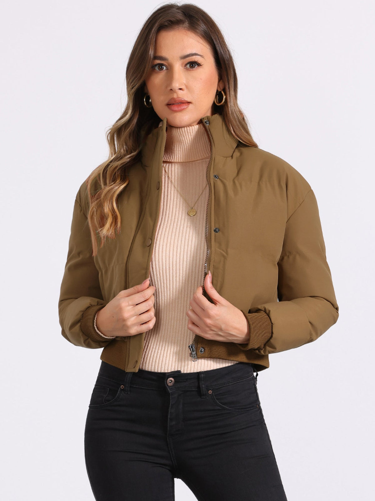 Padded cropped bomber jacket for women in red, beige, black, brown, dark yellow or green