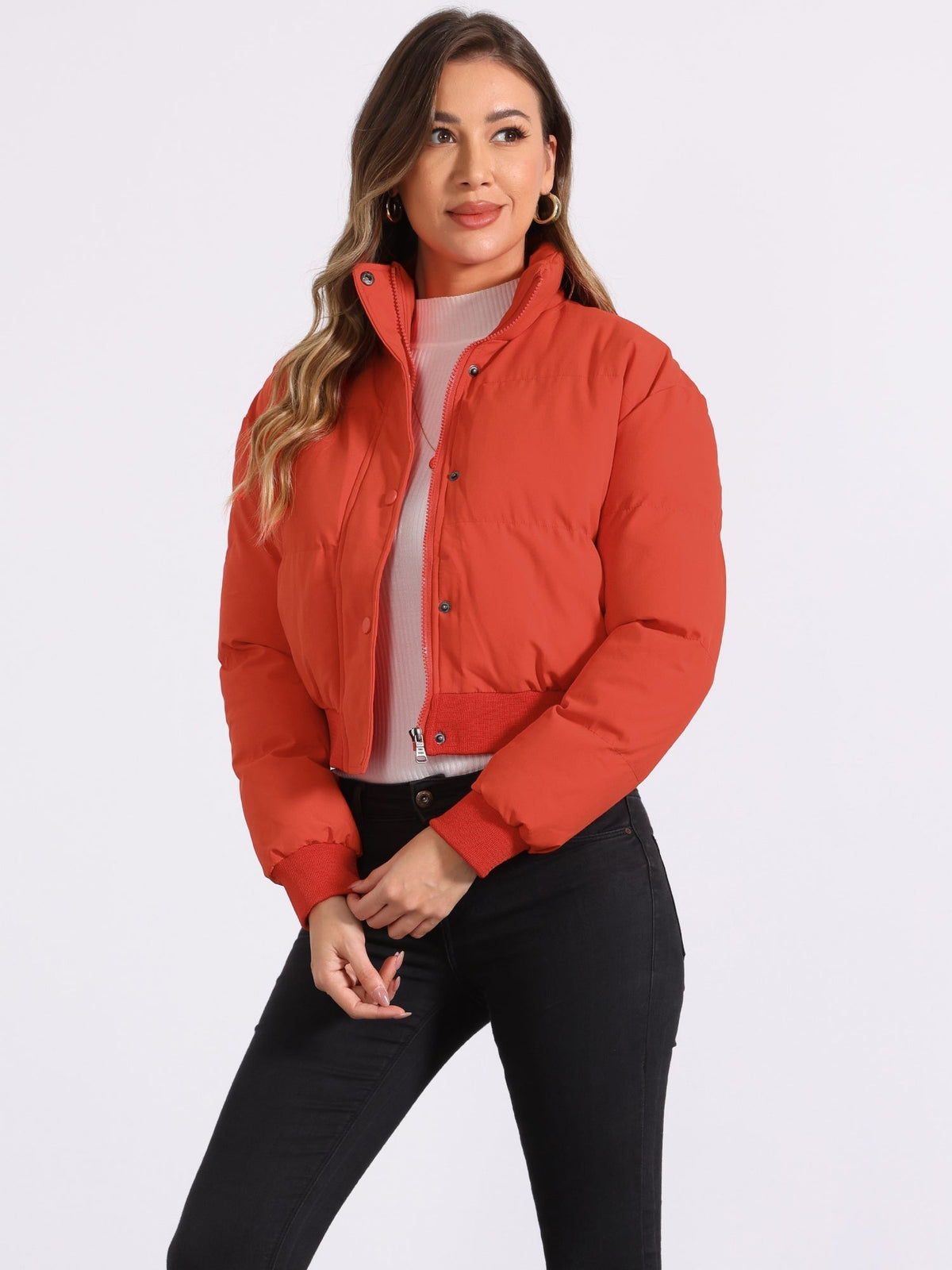 Padded cropped bomber jacket for women in red, beige, black, brown, dark yellow or green