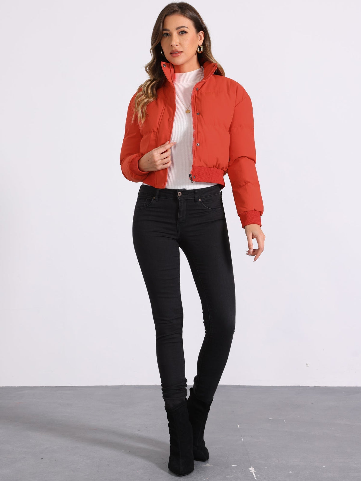 Padded cropped bomber jacket for women in red, beige, black, brown, dark yellow or green
