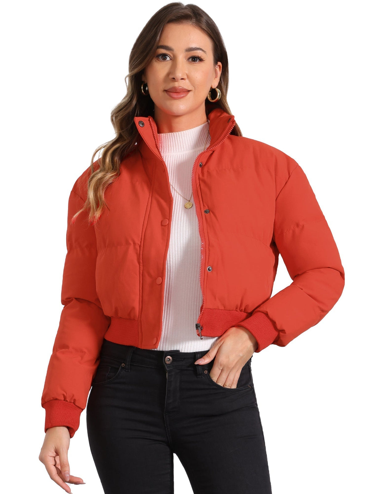 Padded cropped bomber jacket for women in red, beige, black, brown, dark yellow or green