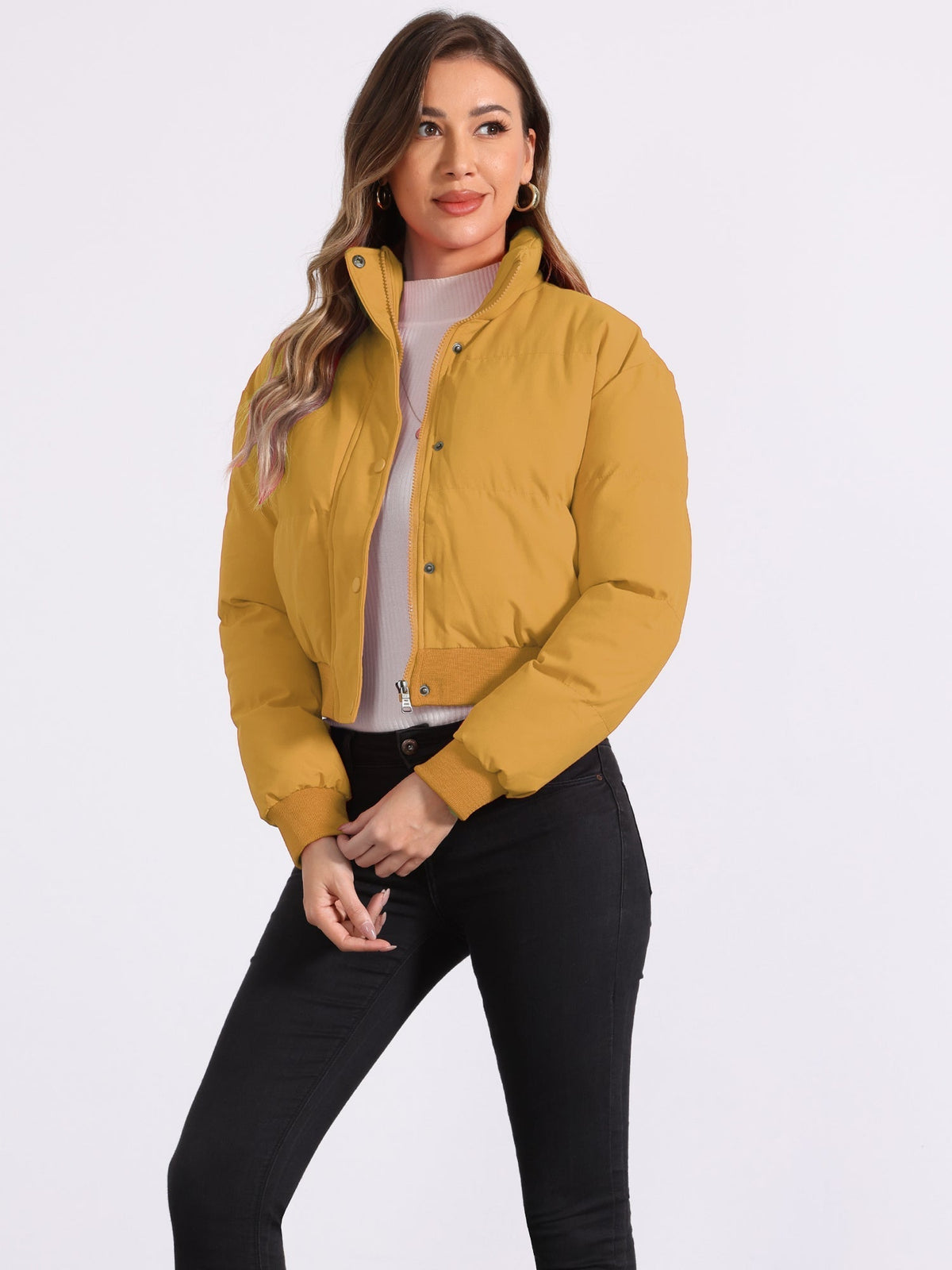 Padded cropped bomber jacket for women in red, beige, black, brown, dark yellow or green
