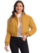 Padded cropped bomber jacket for women in red, beige, black, brown, dark yellow or green