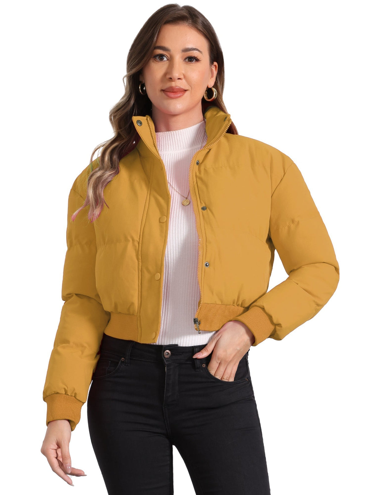 Padded cropped bomber jacket for women in red, beige, black, brown, dark yellow or green