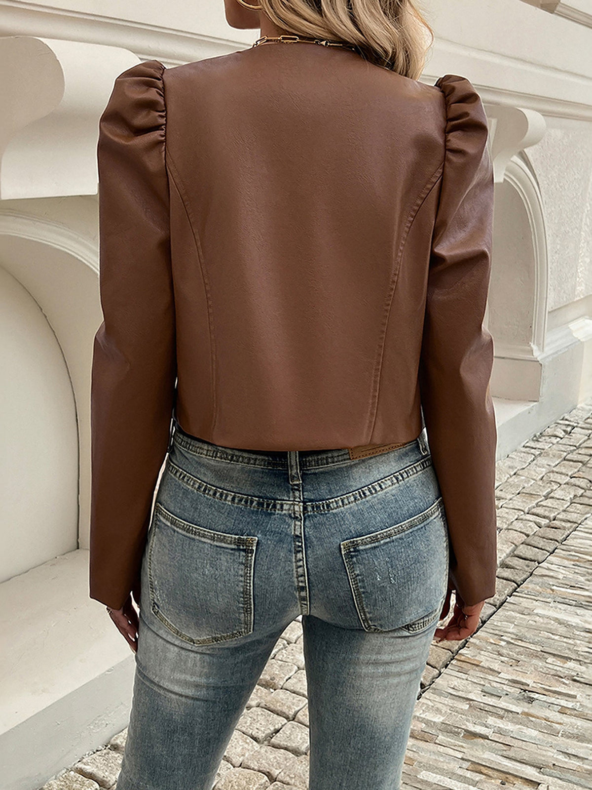 Cropped puff sleeve jacket for women in khaki, black or brown