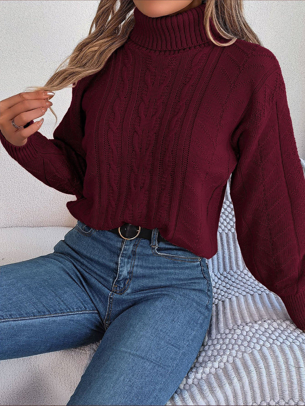 Cable knit turtleneck sweatshirt for women