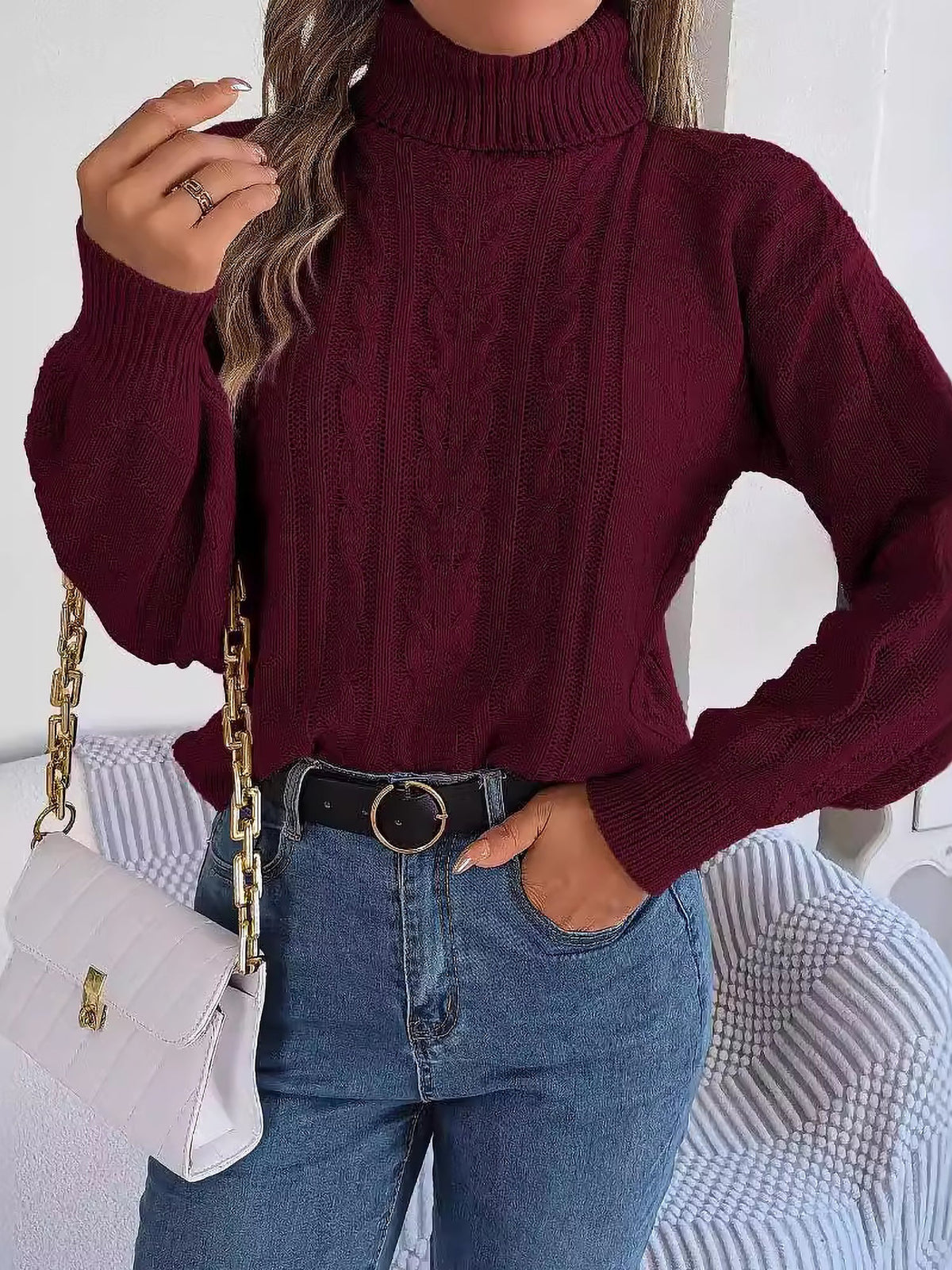 Cable knit turtleneck sweatshirt for women
