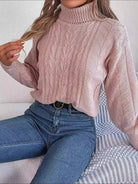 Cable knit turtleneck sweatshirt in pink for women