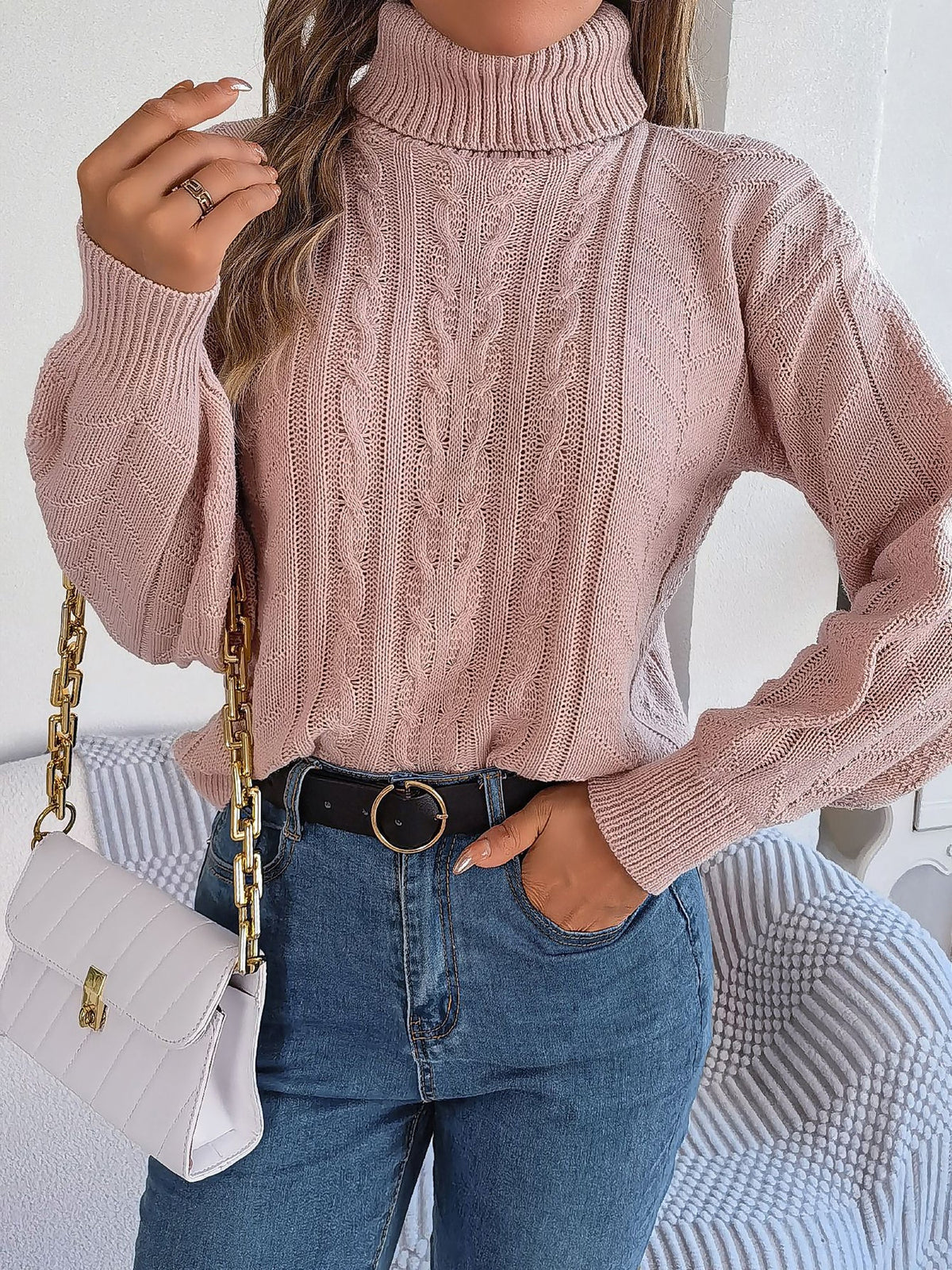 Cable knit turtleneck sweatshirt for women