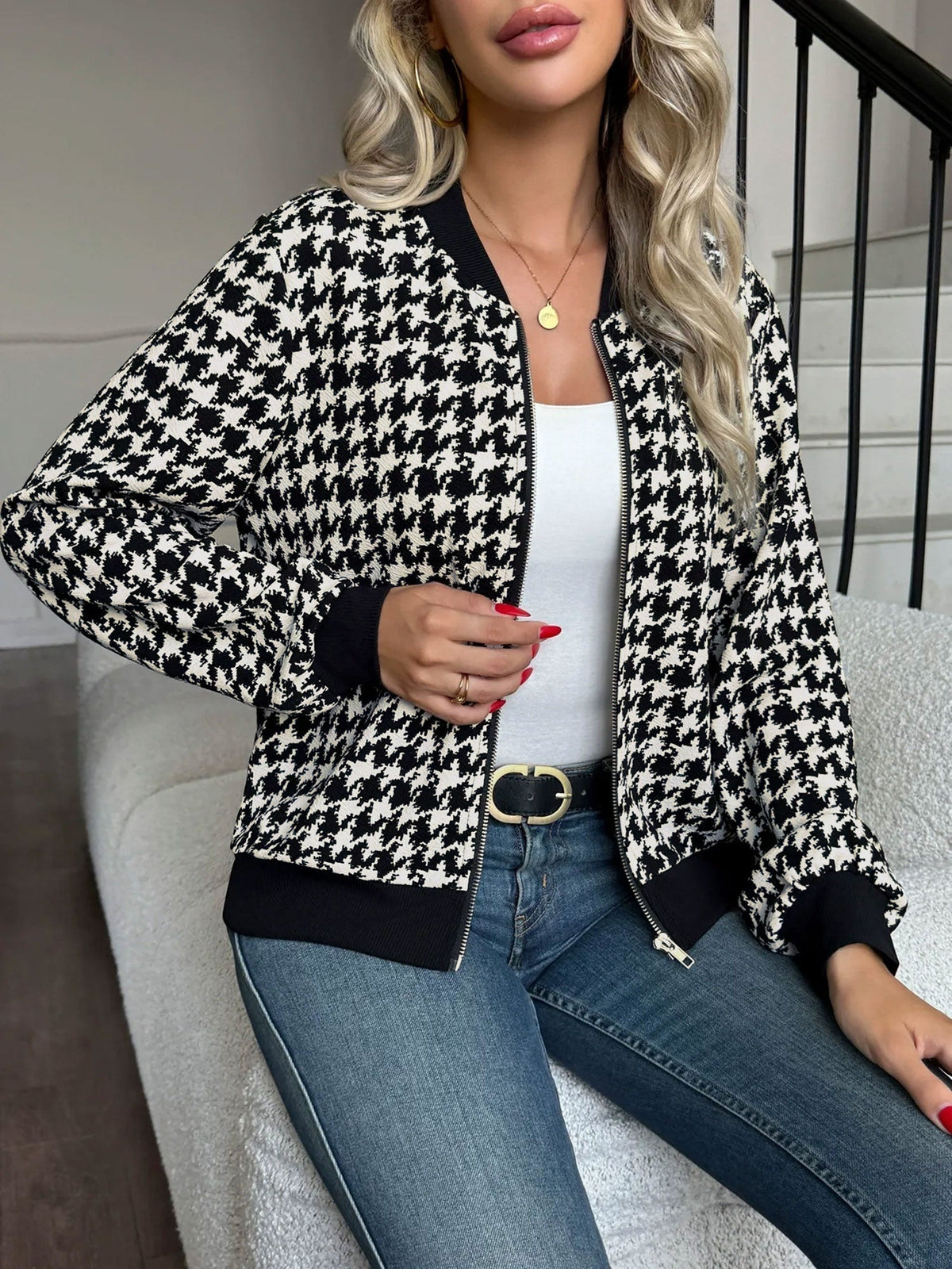 Houndstooth bomber jacket for women in black and cream