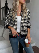 Houndstooth bomber jacket for women in black and cream