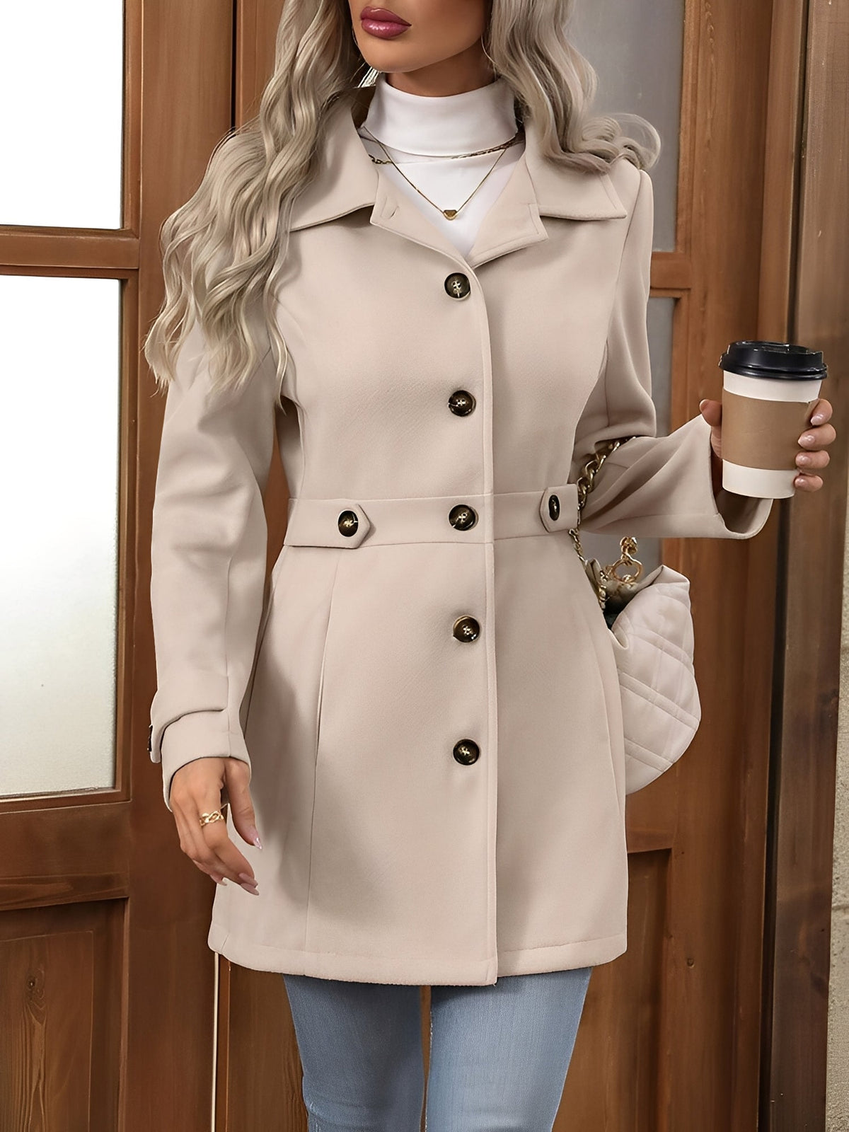 Fitted trench coat for women in khaki, apricot, black or bright red