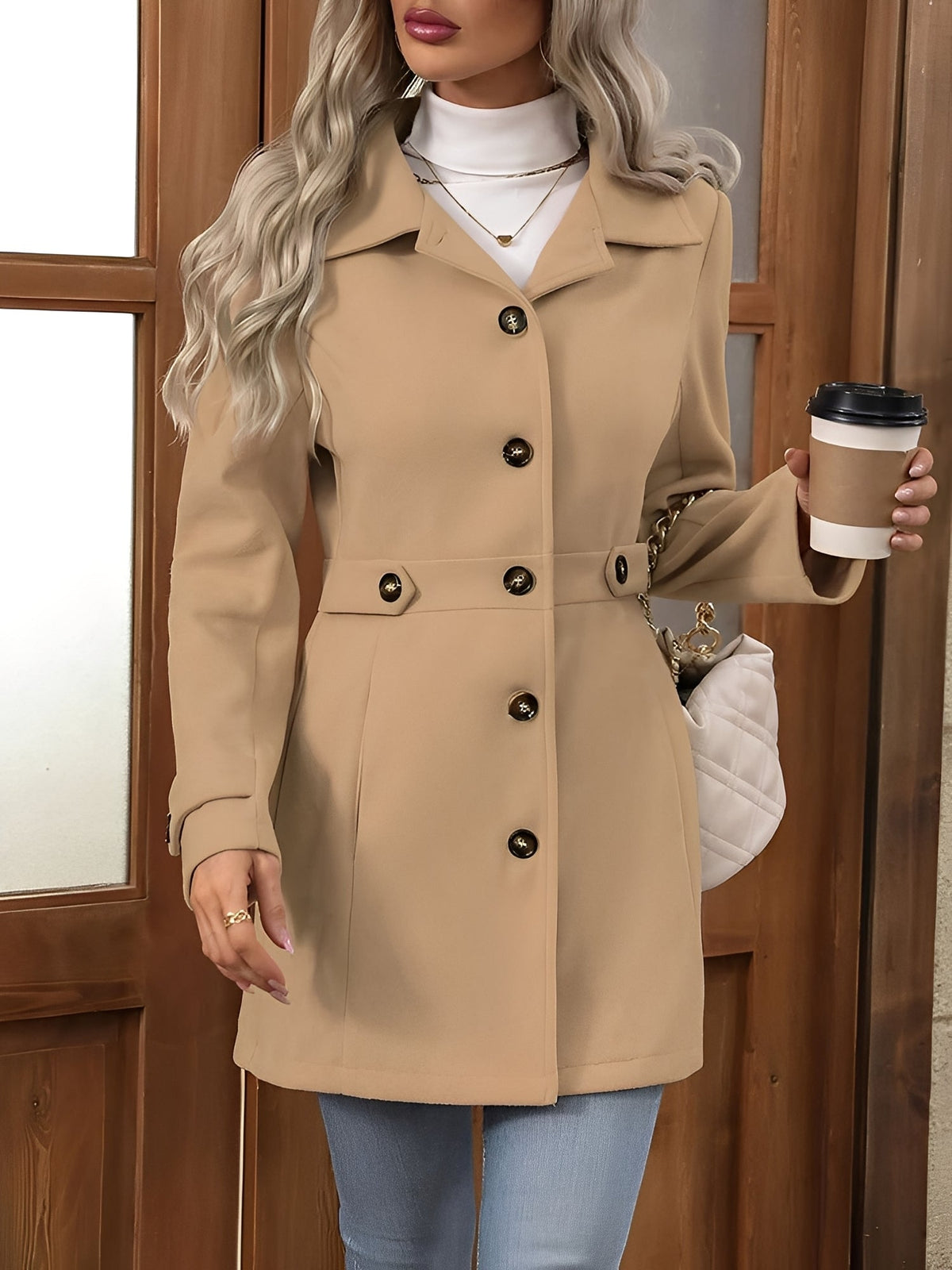 Fitted trench coat for women in khaki, apricot, black or bright red