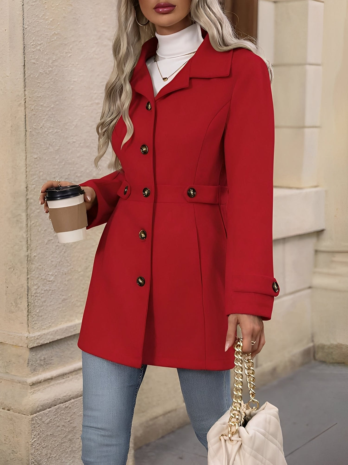 Fitted trench coat for women in khaki, apricot, black or bright red