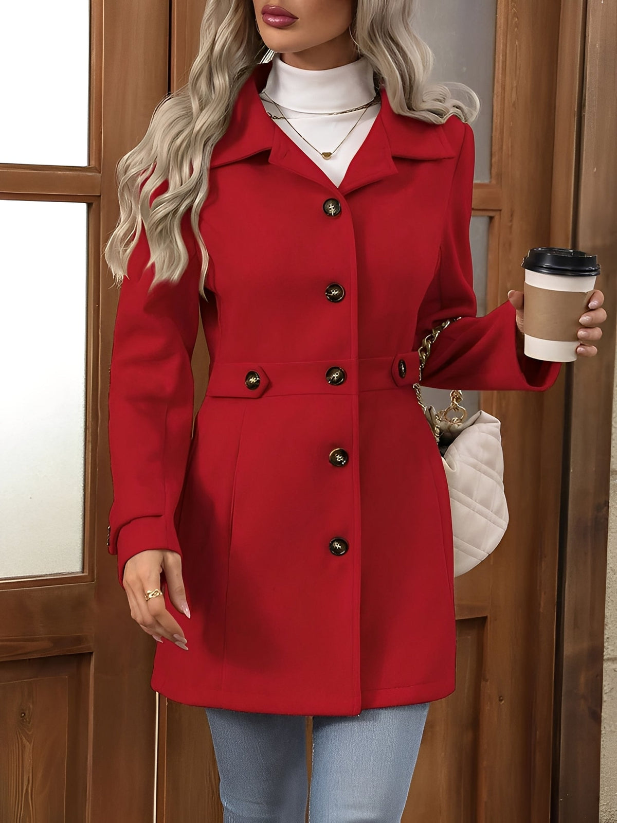 Fitted trench coat for women in khaki, apricot, black or bright red