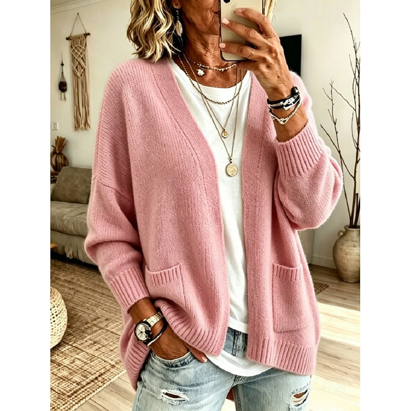 Open-front knit cardigan with patch pockets for women