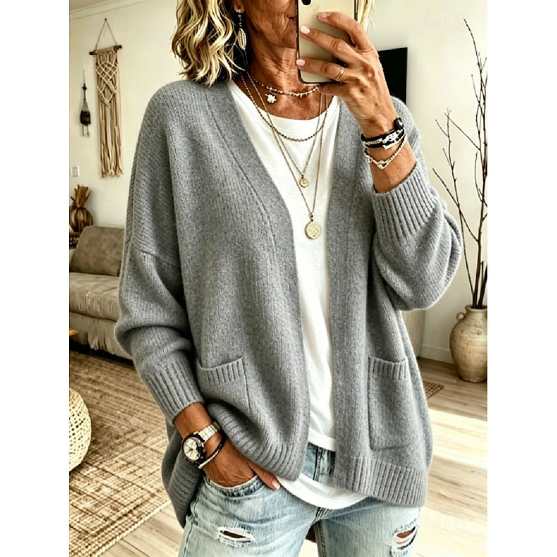 Open-front knit cardigan with patch pockets for women