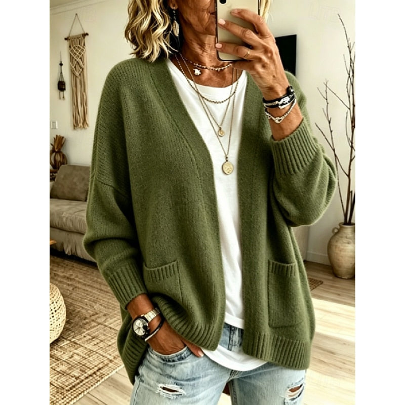Open-front knit cardigan with patch pockets for women