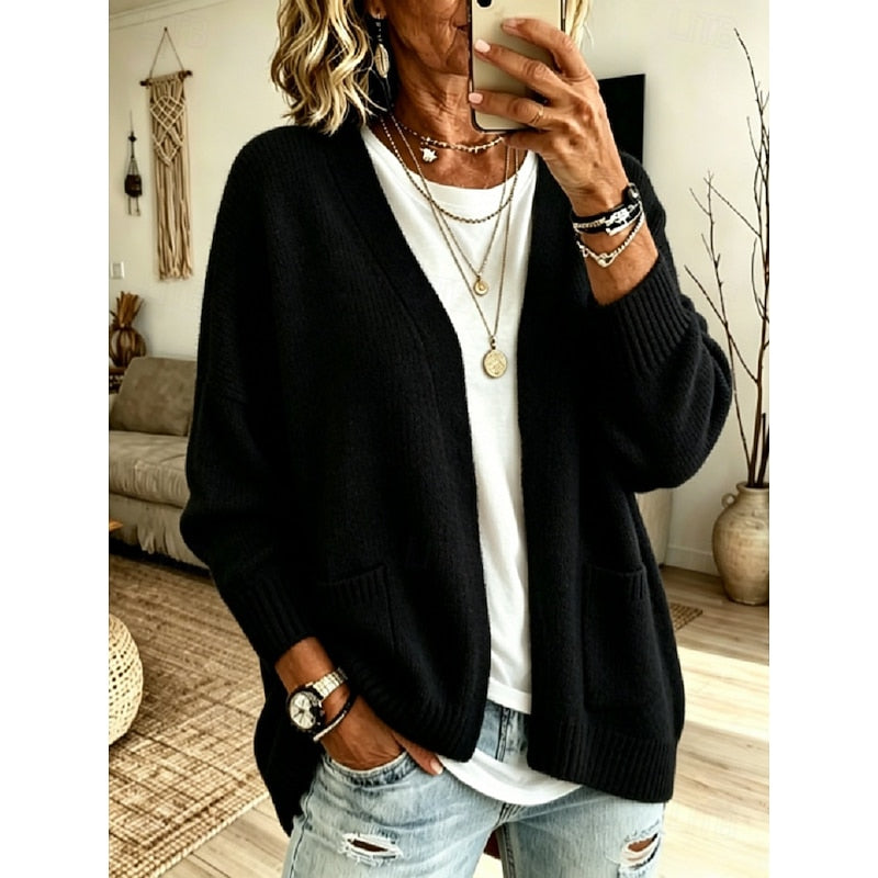 Open-front knit cardigan with patch pockets for women