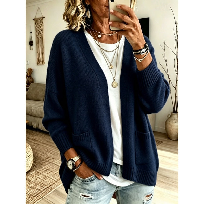 Open-front knit cardigan with patch pockets for women