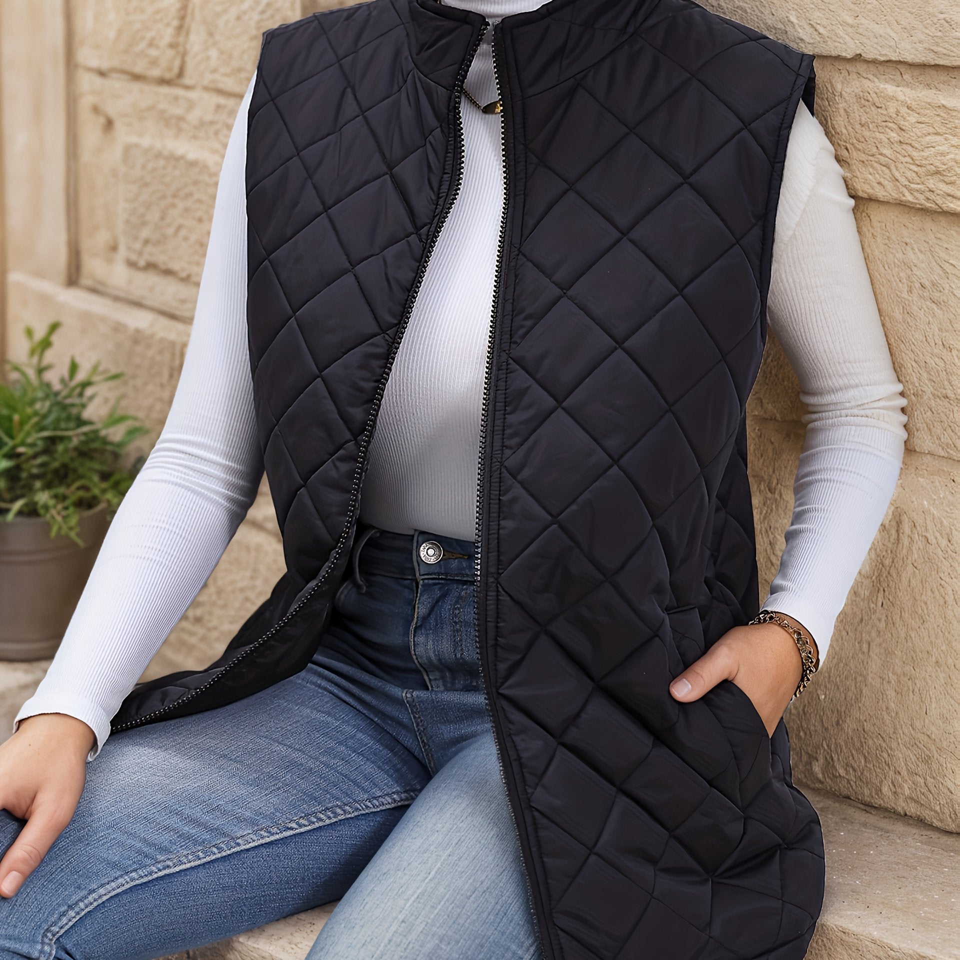 Black diamond quilted longline vest for women
