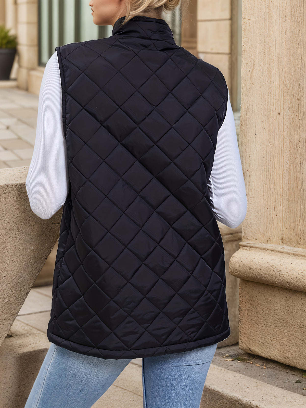 Black diamond quilted longline vest for women