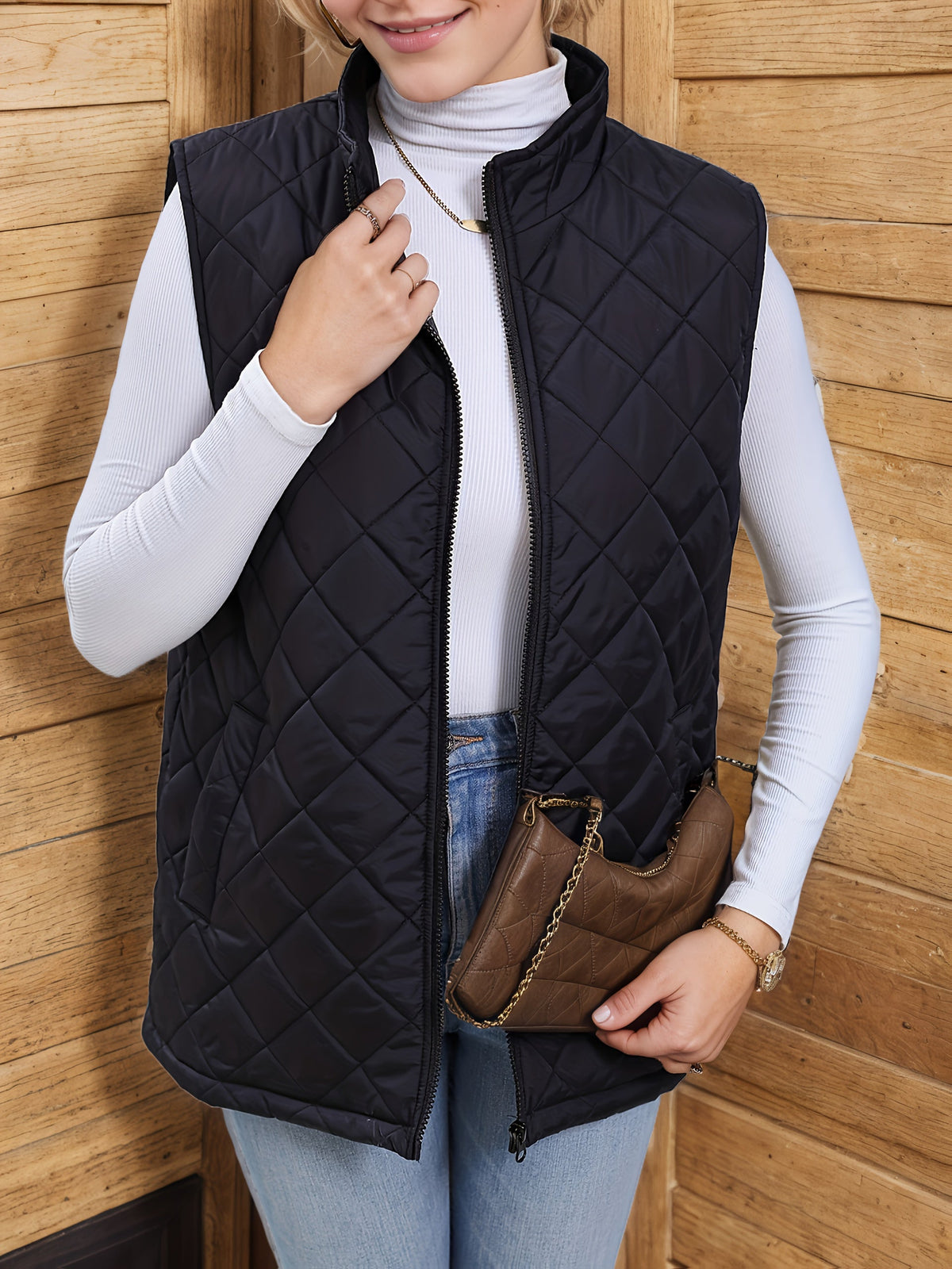 Black diamond quilted longline vest for women