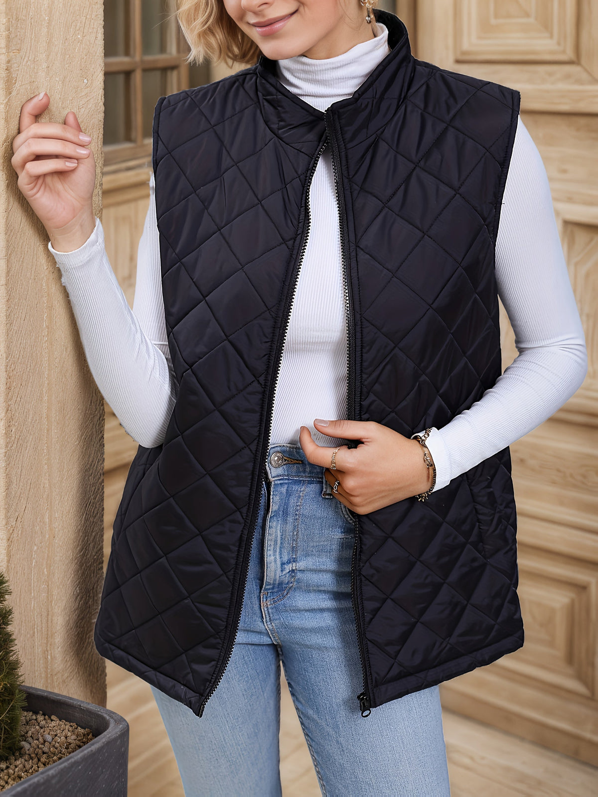Black diamond quilted longline vest for women