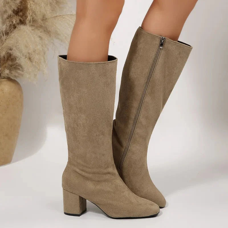Suede-look block heel wide calf boots for women