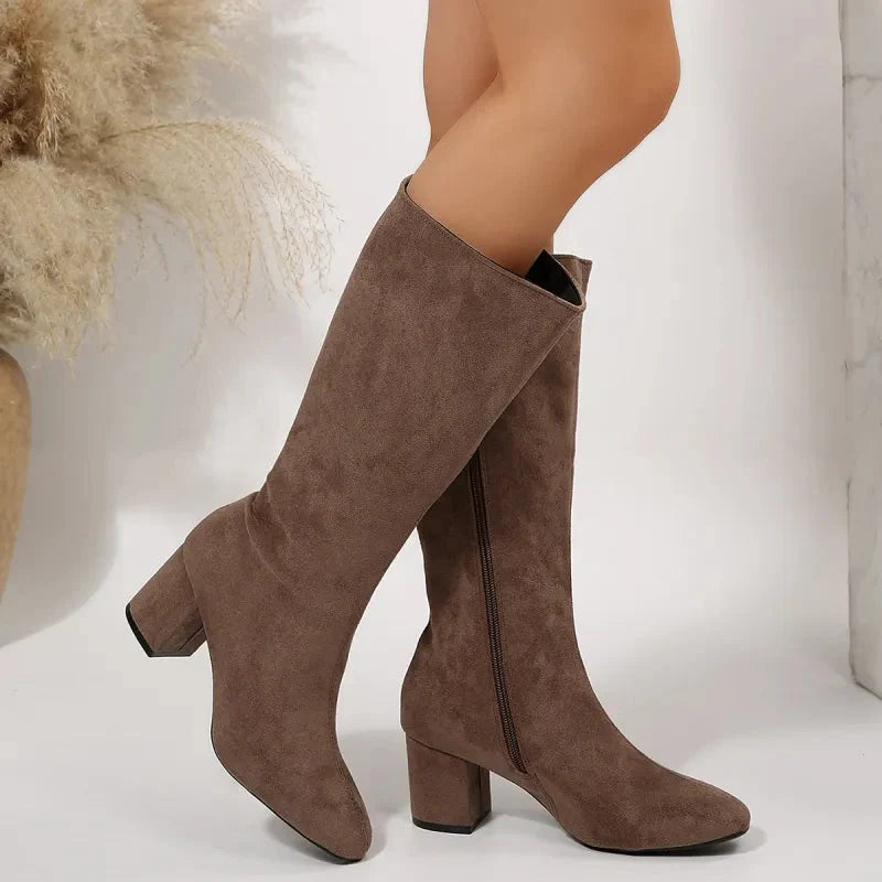 Suede-look block heel wide calf boots for women