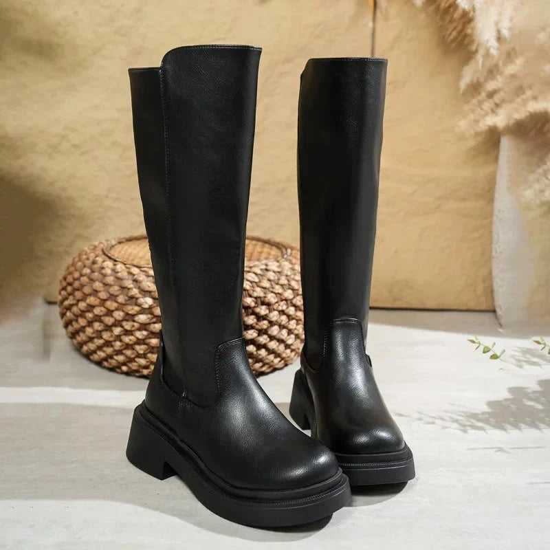 Chunky sole knee-high wide calf boots for women