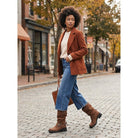 Buckled mid-calf slouch boots for women
