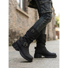 Buckled mid-calf slouch boots for women