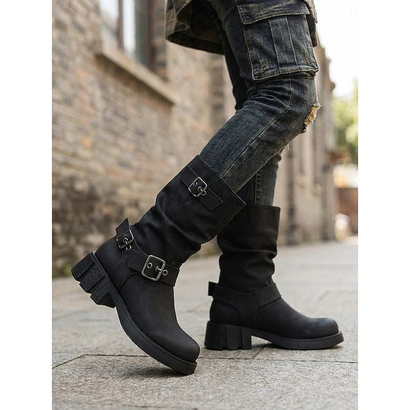 Buckled mid-calf slouch boots for women