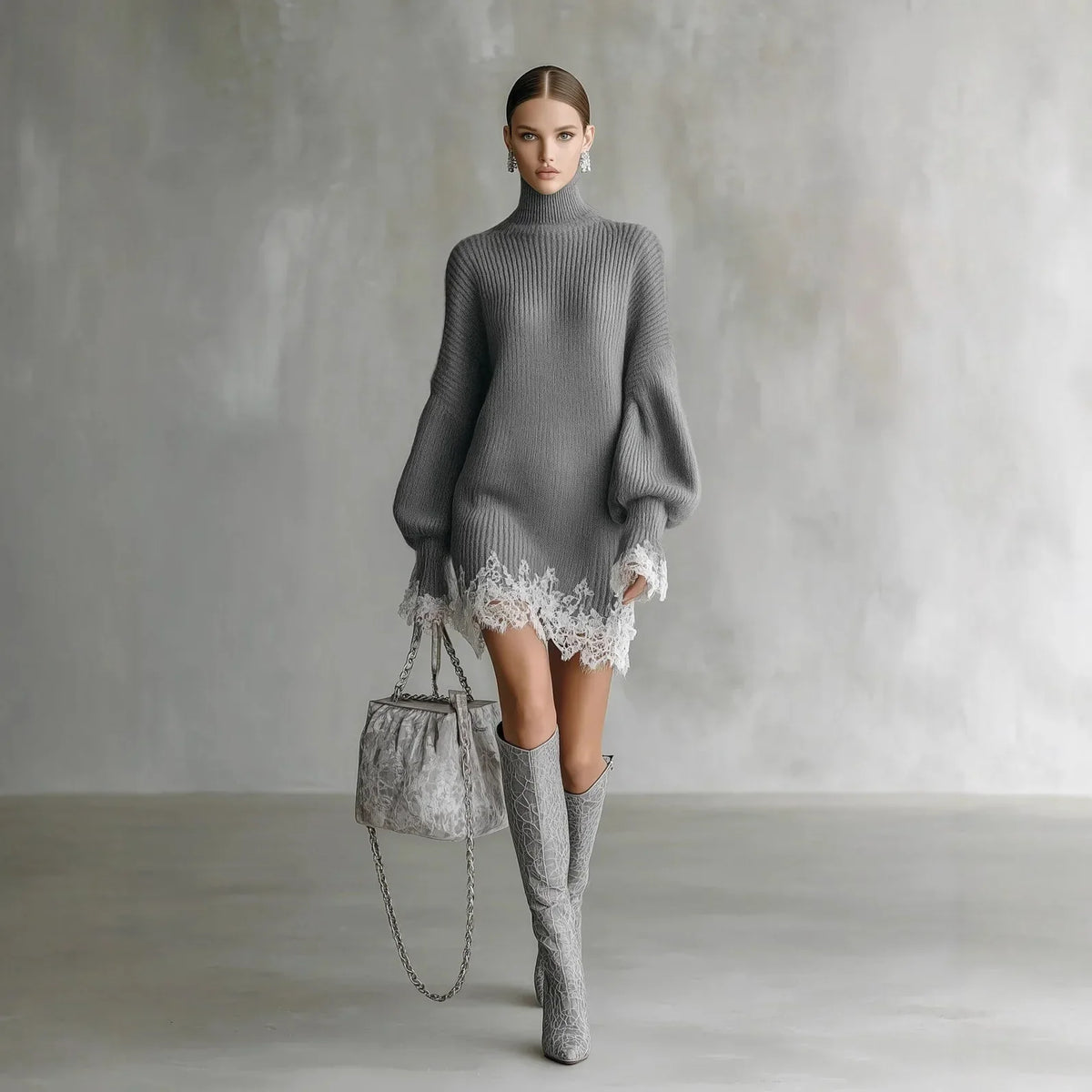 Turtleneck lace ruffle sweater dress for women