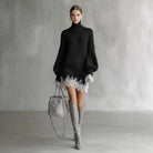 Turtleneck lace ruffle sweater dress for women