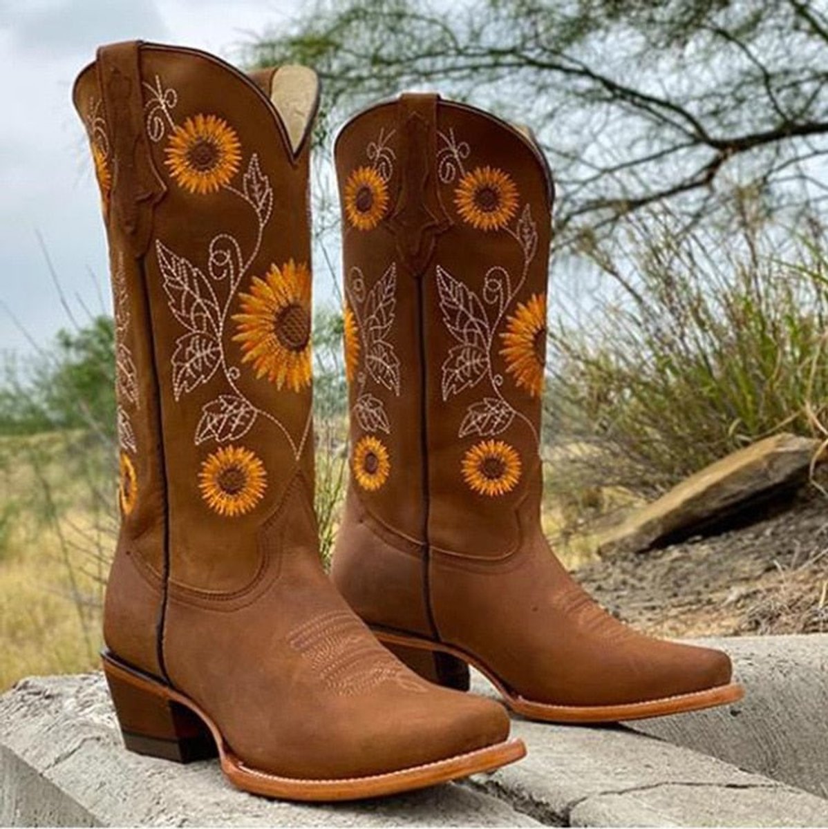 Sunflower embroidered cowboy boots for women