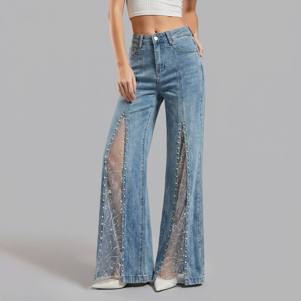 Pearl slit wide leg jeans for women